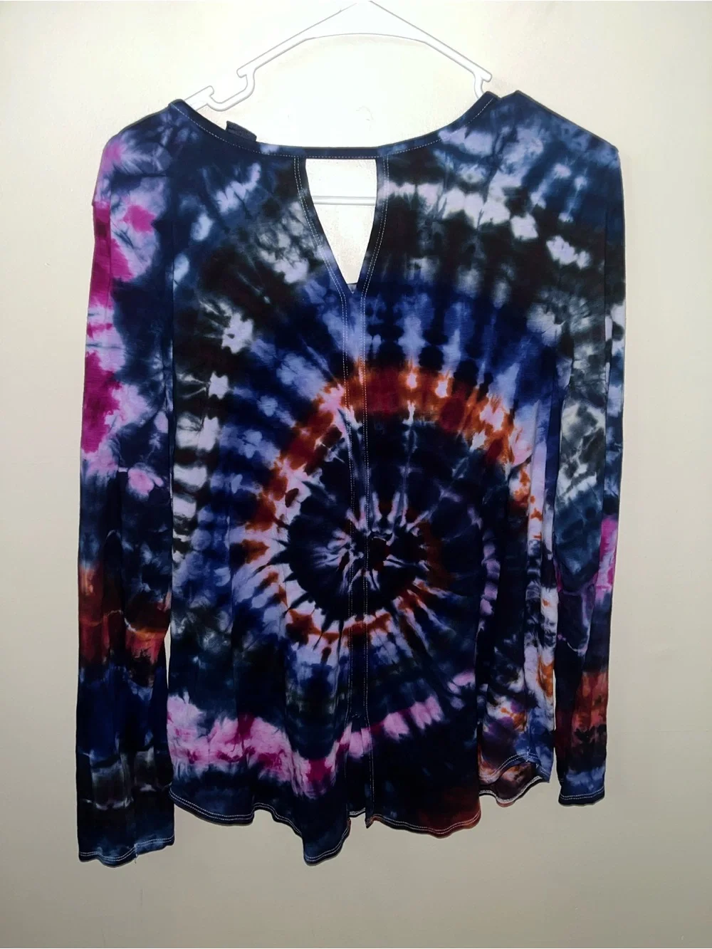 Custom Made Tie-Dye Long Sleeve V-Neck Top - Multicolor Womens Size XL
